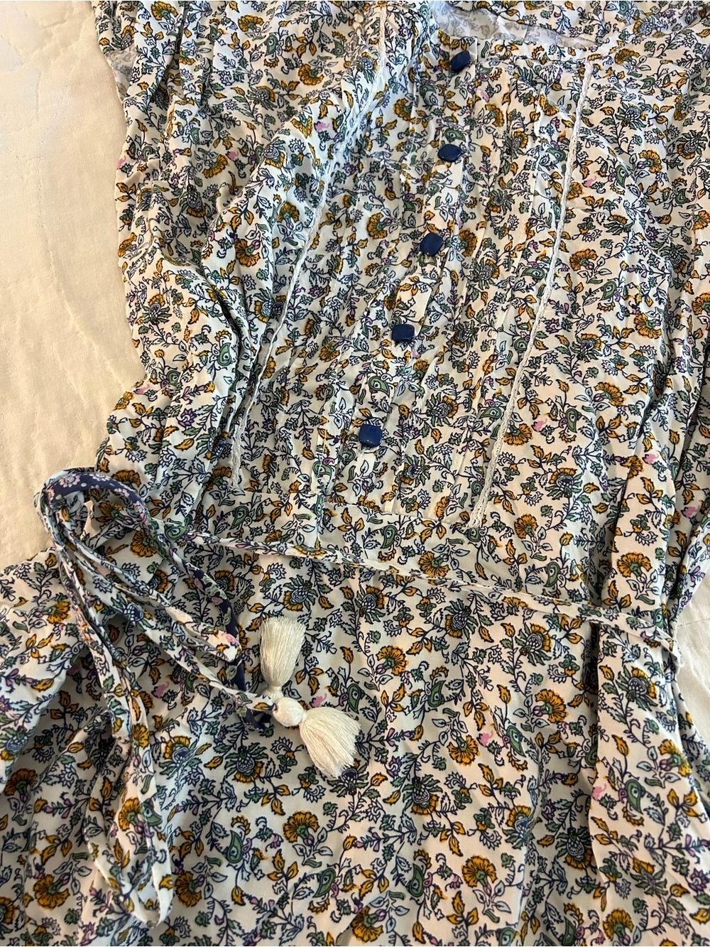Matilda Jane Cream Floral Midi Dress with Blue & Mustard Border - Picture 3 of 5